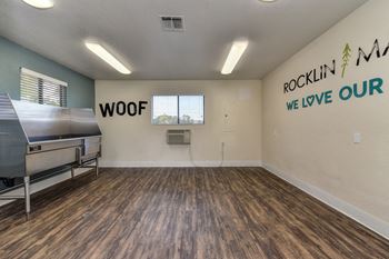Dog Spa Tub with Sink, Hardwood Inspired Floor, Dog Washing Tub, WOOF Written in Black Letters on Wall ,